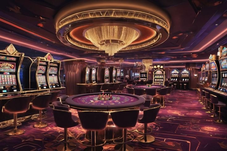 Tata letak permainan casino modern dengan meja dan kartu digital